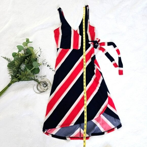 Express Women's Faux Mini Wrap Dress Size Small Navy Blue Red White Sleeveless - Picture 7 of 14